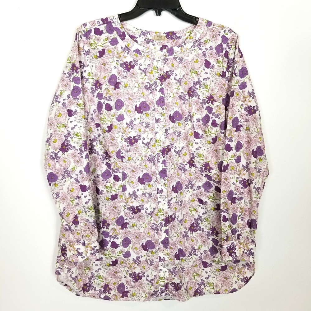 Duluth Trading Womens Wrinklefighter Tunic Floral Top Sz L Button Up Long Sleeve
